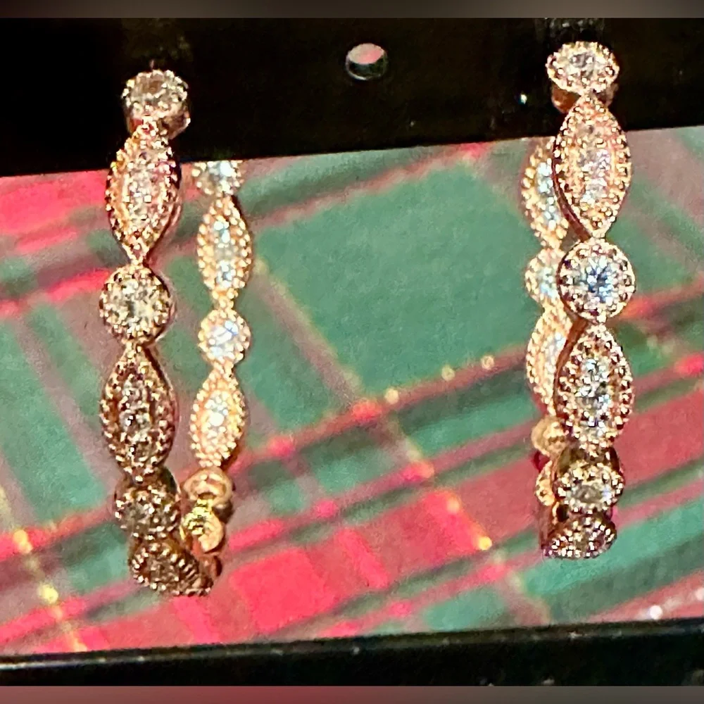 925 Sterling Silver CZ Dangle Hoop Earrings – Milor Italy (Rose Gold–Tone) ✨ - Picture 8 of 8